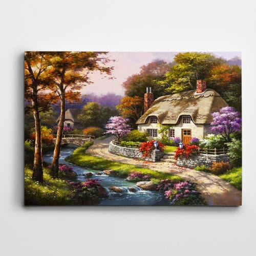 Ağaç Çiçekler Dere ve Ev Kartpostal