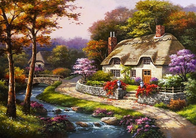 Ağaç Çiçekler Dere ve Ev Kartpostal