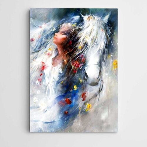 Beyaz At Kadın ve Çiçekler Modern Sanat
