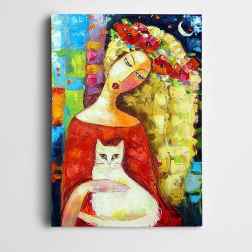 Kedi ve Kırmızı Elbiseli Kadın