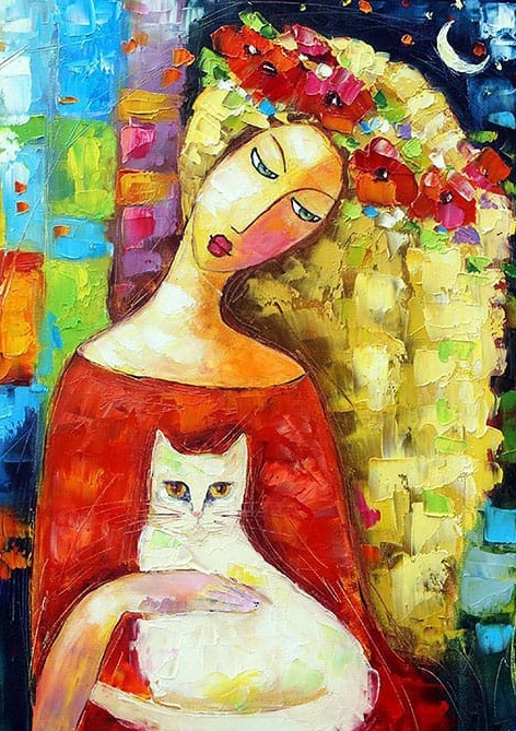 Kedi ve Kırmızı Elbiseli Kadın