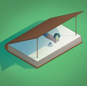 Kitap Arasında İnsan ve Kahve Minimal Kare Tablo