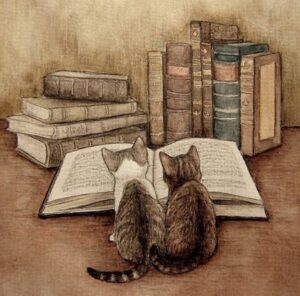 Kitap Okuyan Kediler Kare Tablo