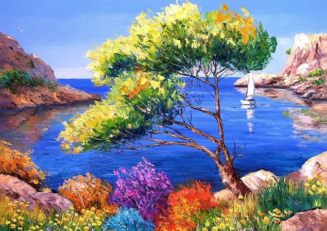 Renkli Ağaç Çiçekler ve Deniz