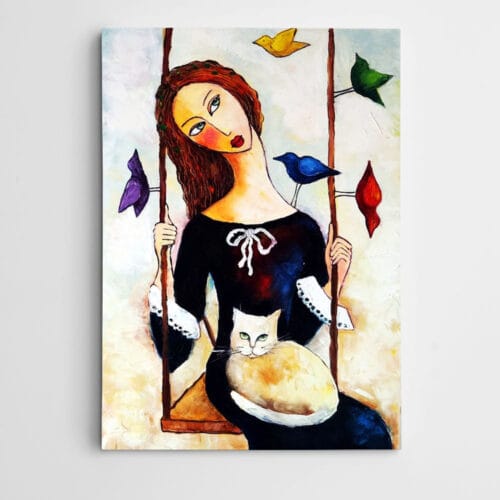 Salıncak Kedi ve Kuşlar Modern Sanat