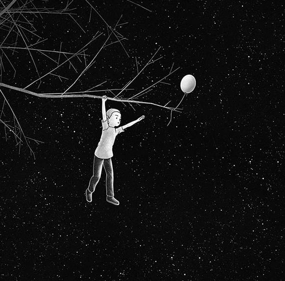 Yıldızlar Arasında Ağaç Dallarında Adam ve Balon Minimal Kare