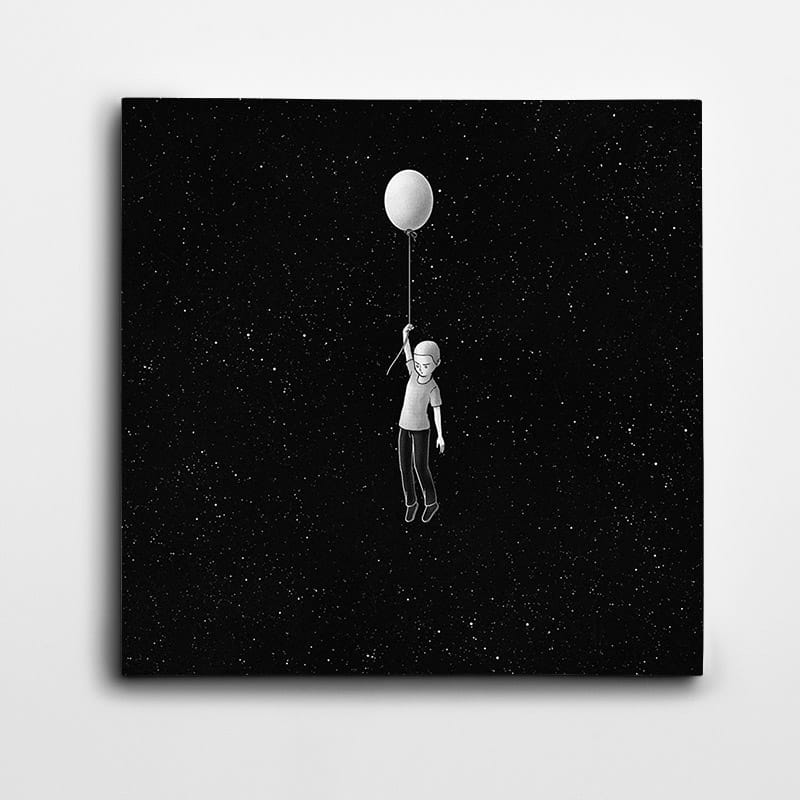 Yıldızlar Arasında Balon ve Adam Minimal Kare Tablo kanvas tablo