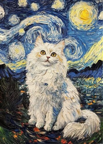 Beyaz Kedi Van Gogh Stili Tablo