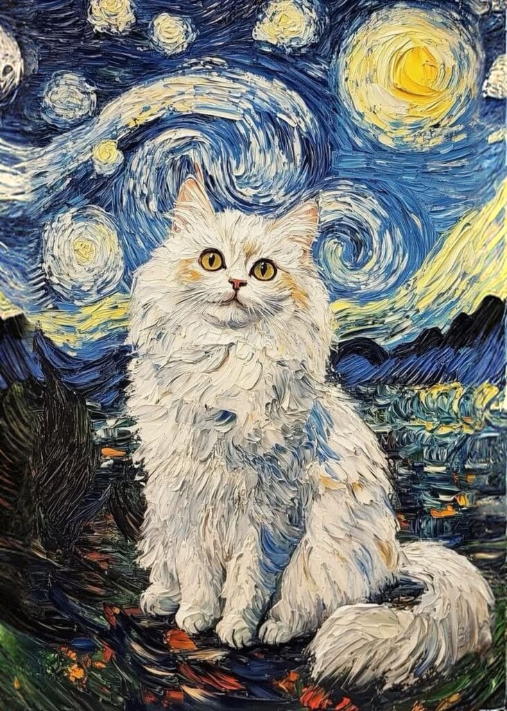 Beyaz Kedi Van Gogh - kanvas ve cam tablo | Dekolata