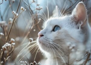 Kuru Çiçekler Arasında Beyaz Kedi Tablosu