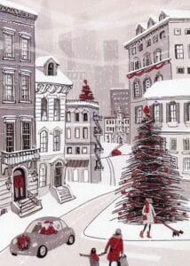 Karlı Şehir Noel Ağacı Kırmızı Tablo