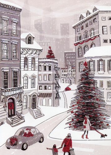 Karlı Şehir Noel Ağacı Kırmızı Tablosu
