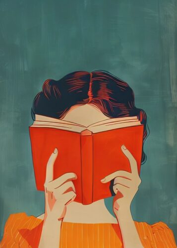 Kırmızı Kitap Okuyan Kadın İllüstrasyon Tablosu