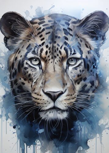 Leopar Mavi Suluboya Portresi Tablosu