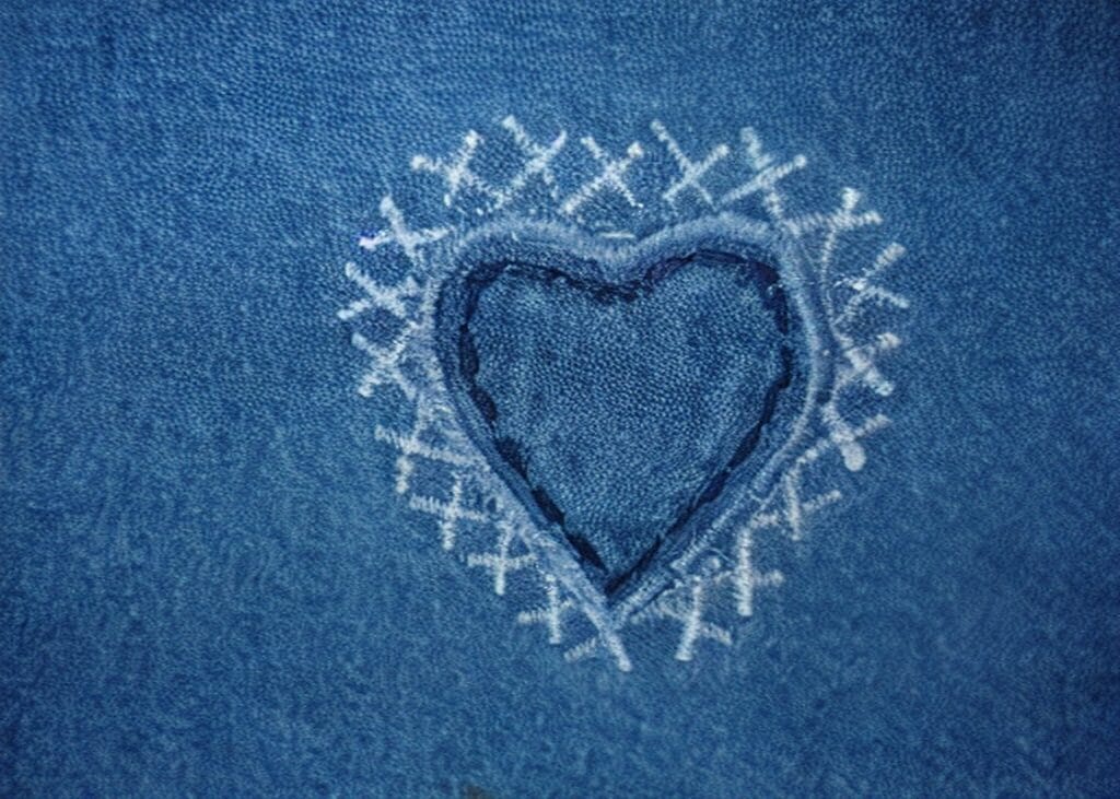 Mavi Denim Kalp Dikişli - kanvas ve cam tablo | Dekolata