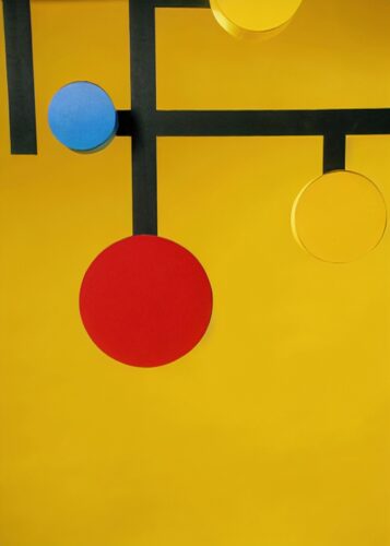 Sarı Zemin Kırmızı Mavi Daireler Bauhaus Tablosu