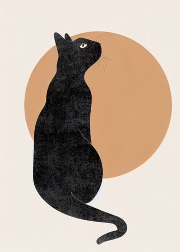 Siyah Kedi Altın Daire Minimal Tablosu