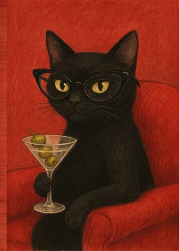 Siyah Kedi Martini Kırmızı Tablosu
