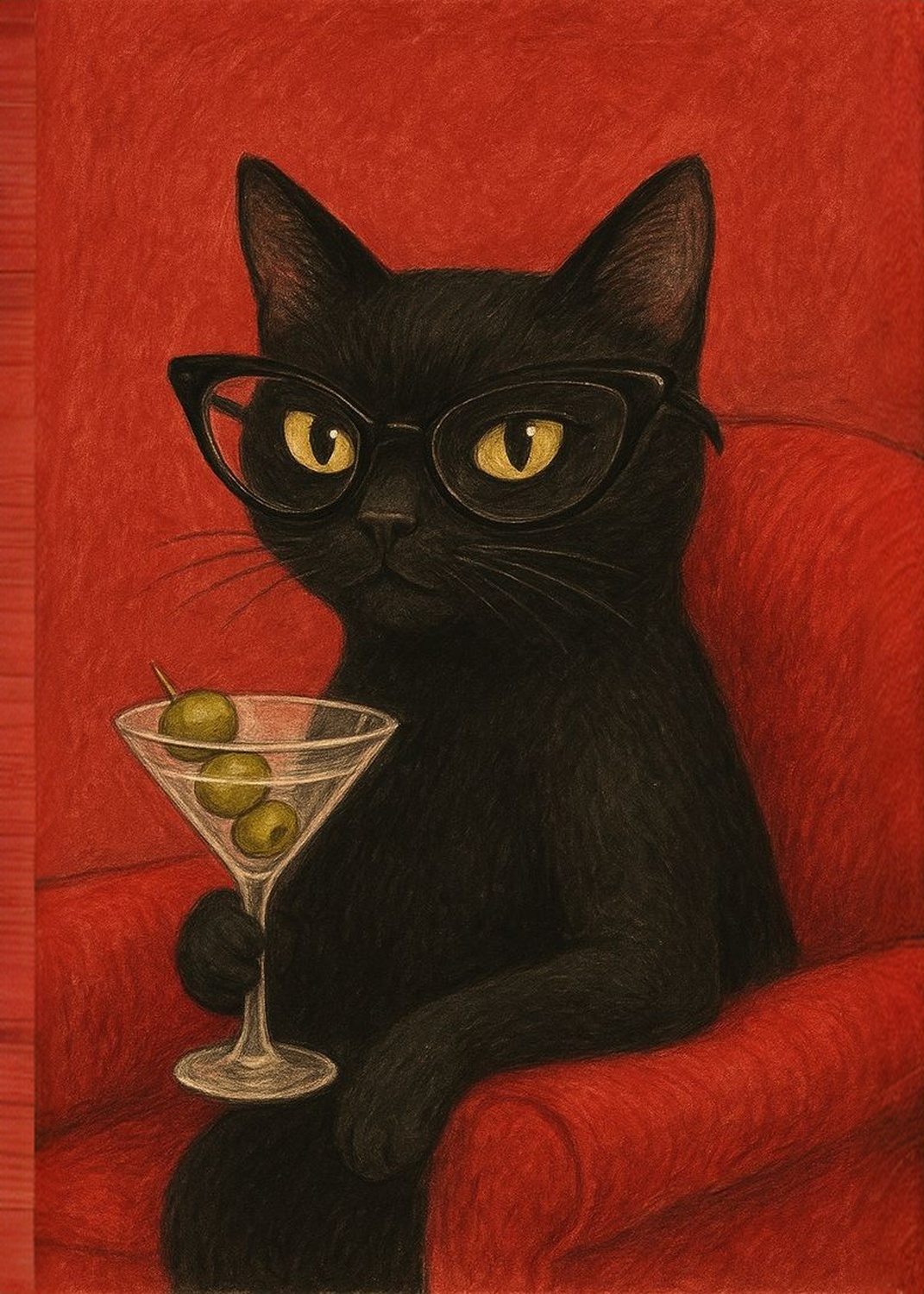 Siyah Kedi Martini Kırmızı Tablosu