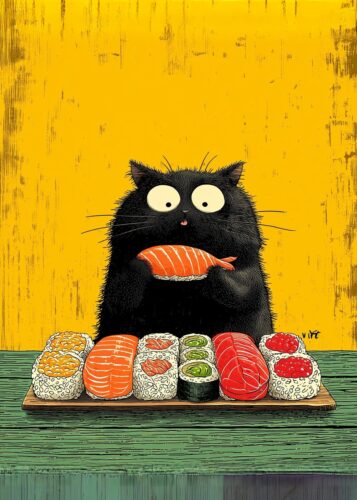 Siyah Kedi Sushi Yiyor Mizahı Tablo