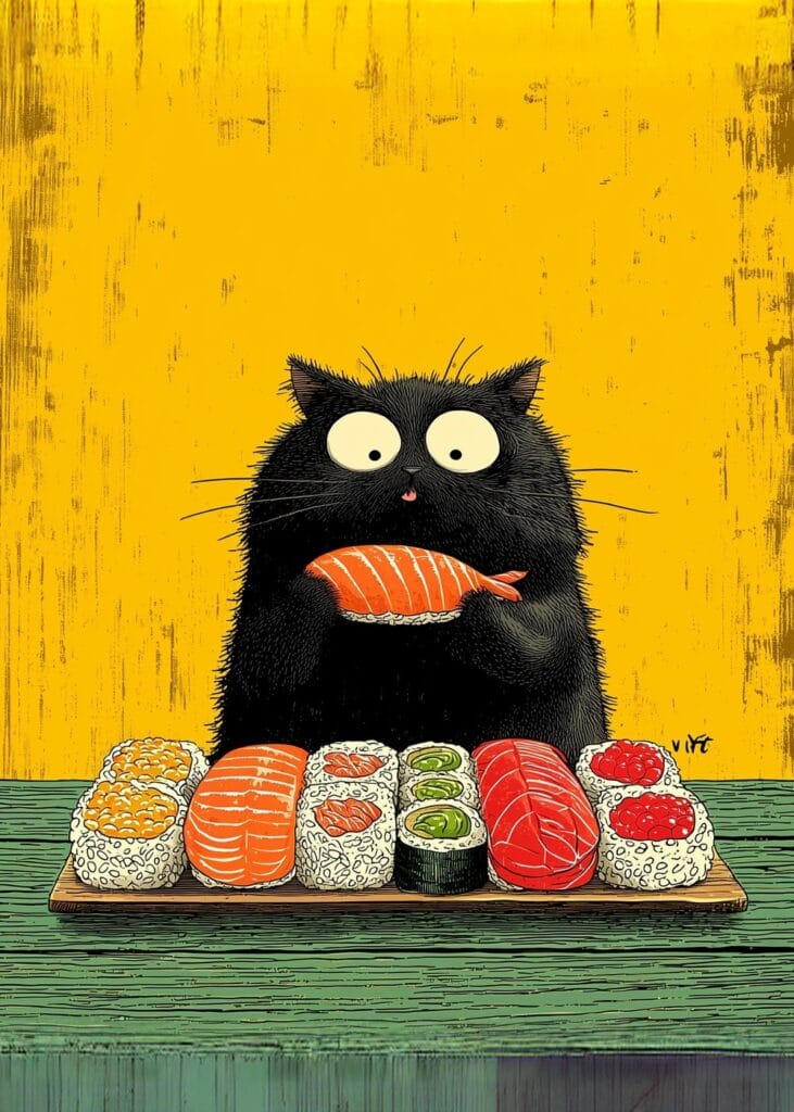 Siyah Kedi Sushi Yiyor Mizahı Tablosu