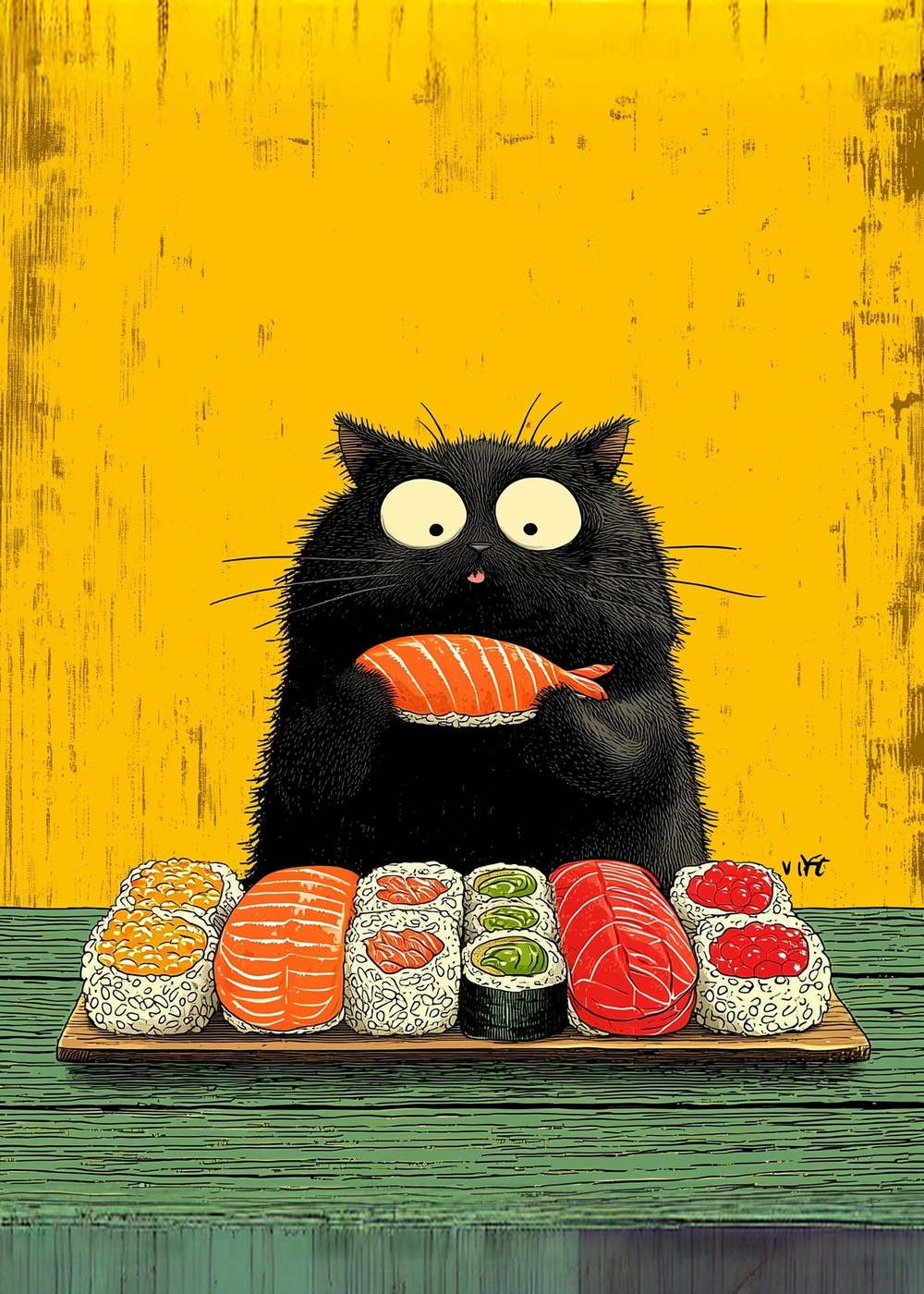Siyah Kedi Sushi Yiyor Mizahı Tablo