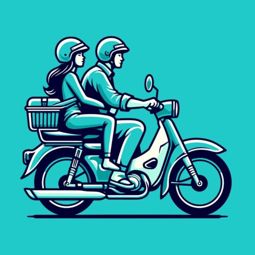 Turkuaz Arka Planda Motorsikletli Çift Tablosu