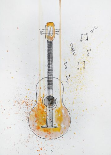 Üzerinde Müzik Notaları Gitar Çizimi