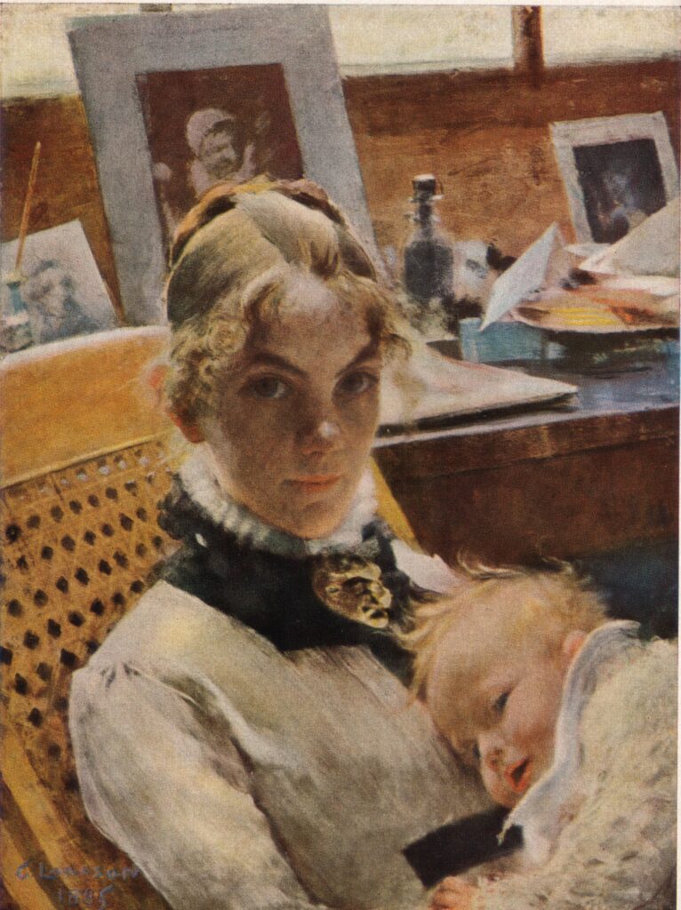 A studio idyll. The artist's wife with daughter Suzanne - Carl Larsson Tablo