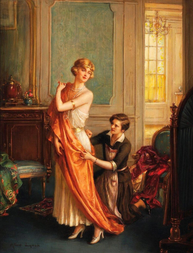 An Elegant Lady Being Dressed by Her Maid - Albert Lynch Tablo