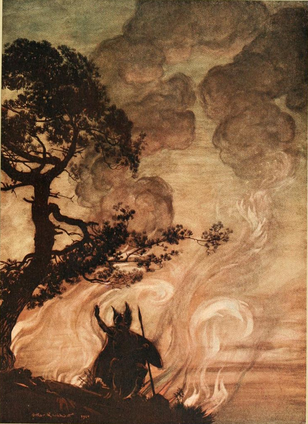 As he moves slowly away, Wotan turns and looks sorrowfully back at Brünnhilde – Arthur Rackham Tablo