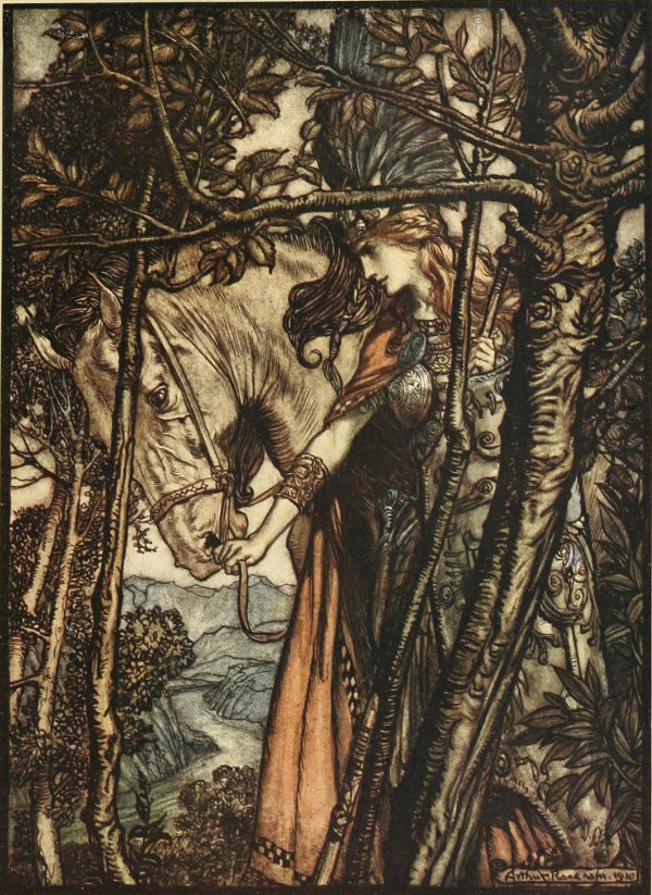 Brünnhilde slowly and silently leads her horse down the path to the cave – Arthur Rackham Tablo