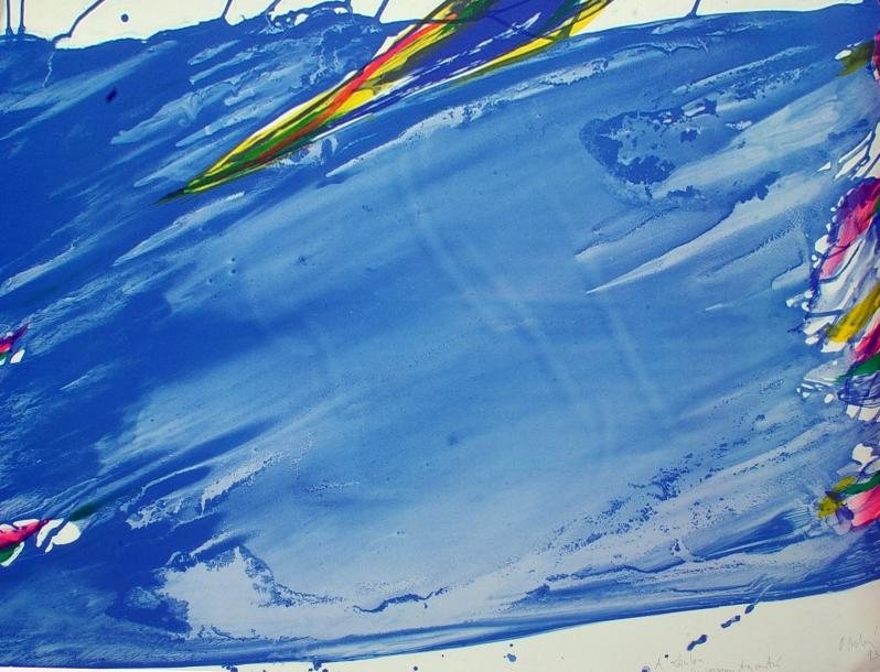 Composition bleue, taches rouge et jaune – Olivier Debré Tablo