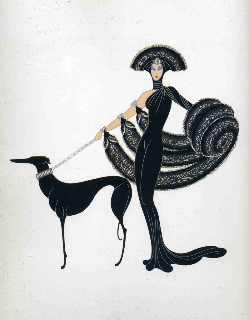 Costume design woman dressed in black, with furs, hat and dog on a lead – Erté Tablo