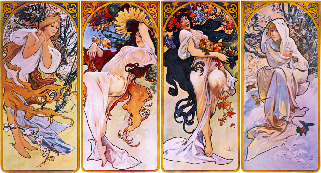 Cropped print of four panels each depicting one of the four seasons personified by a woman (1897) - Alphonse Mucha Tablo