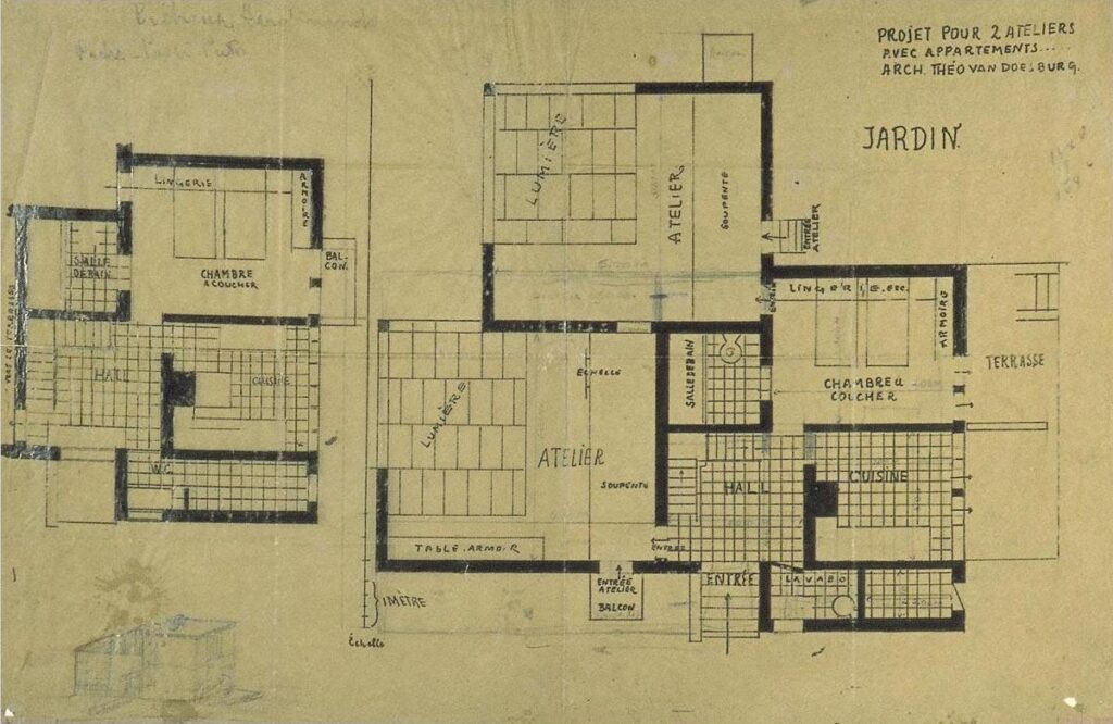 Double studio apartment design, plans and axonometry (1927) – Theo van Doesburg Tablo