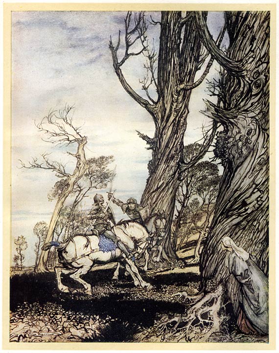Erec is attacked in the forest by a stranger knight – Arthur Rackham Tablo