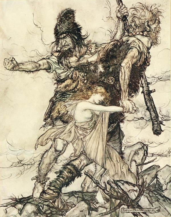 Fasolt suddenly seizes Freia and drags her to one side with Fafner – Arthur Rackham Tablo