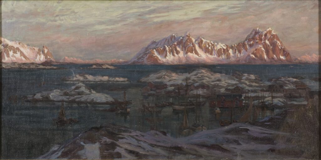 Fishing Harbour with Sunlit Mountains. Study from North Norway – Anna Katarina Boberg Tablo