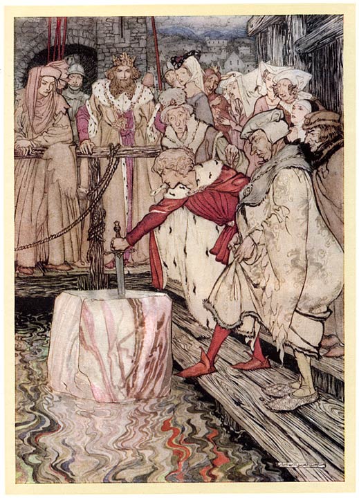 Galahad draws the sword from the floating stone – Arthur Rackham Tablo