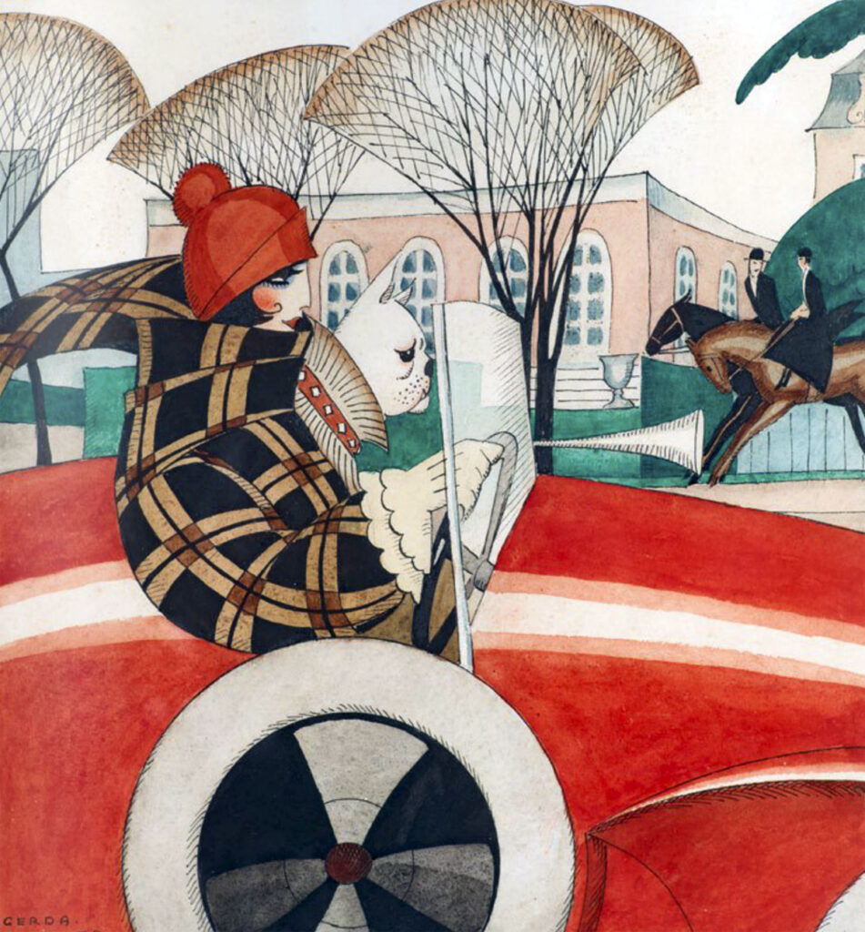 Girl and Pug in An Automobile (sketch for Front Page Illustration in Vore Damer) (1927) - Gerda Wegener Tablo
