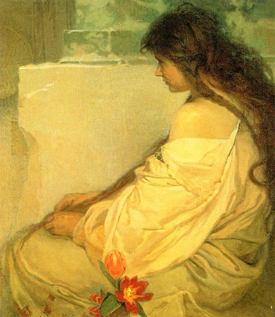 Girl with Loose Hair and Tulips (1920) - Alphonse Mucha Tablo