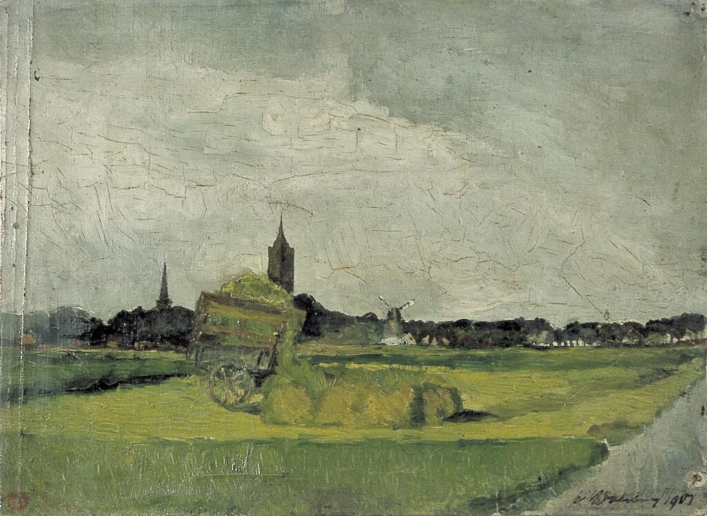 Landscape with hay cart, church towers and windmill (1901) - Theo van Doesburg Tablo