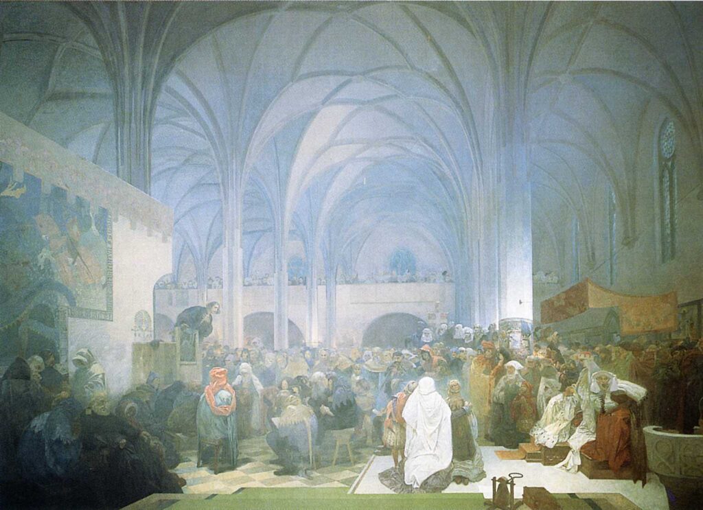 Master Jan Hus Preaching at the Bethlehem Chapel (1916) - Alphonse Mucha Tablo