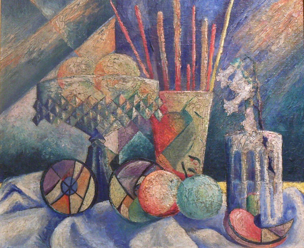 Naturaleza muerta con compotera, pinceles, flores y frutas (1944) - Oswaldo Vigas Tablo