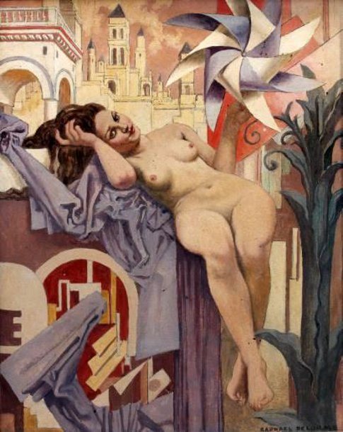Nu assis au drapé et au moulin à vent – Raphael Delorme Tablo
