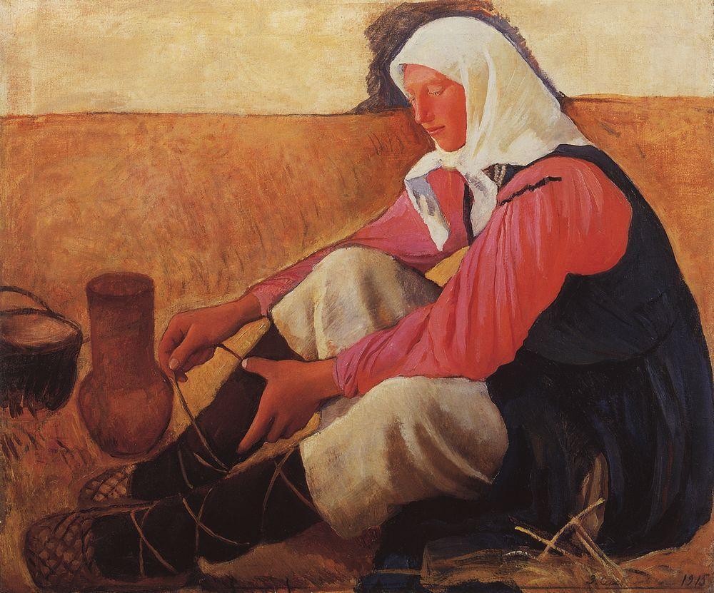 Peasant woman getting her shoes on (1915) – Zinaida Serebriakova Tablo
