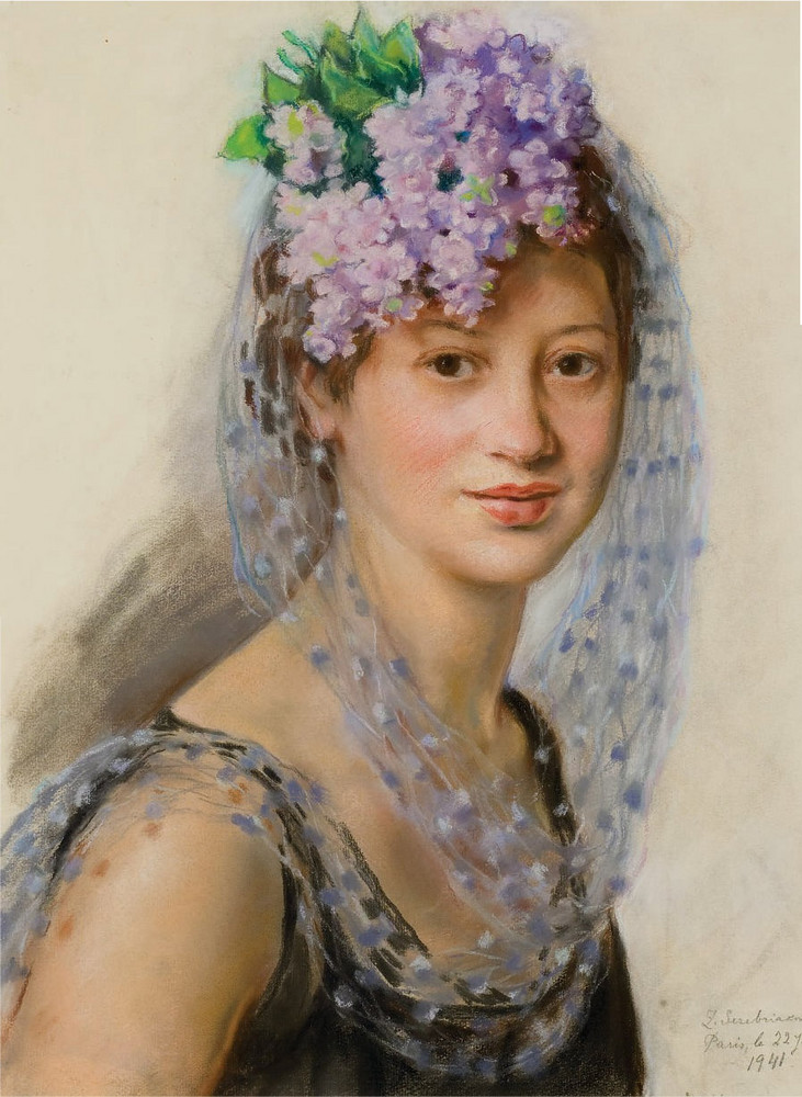 Portrait of Berthe Popoff in a floral fascinator (1941) – Zinaida Serebriakova Tablo