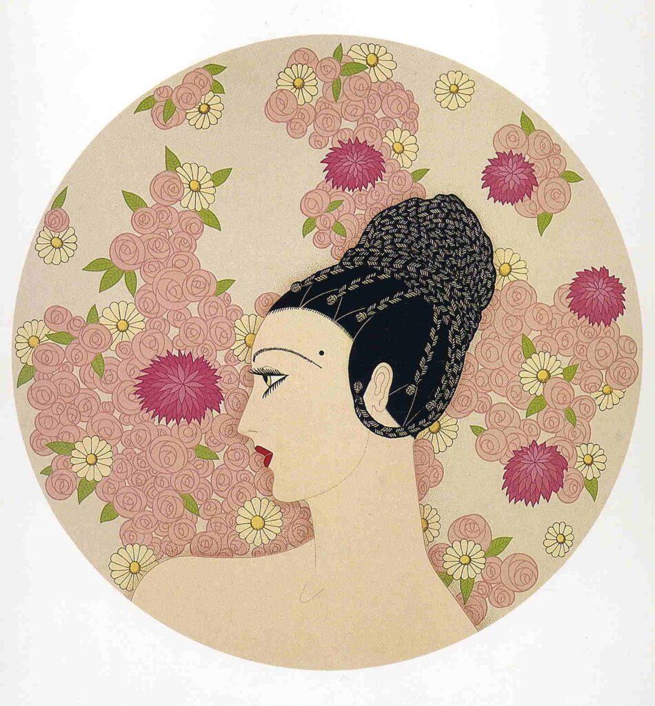Profile in Pink Flowers - Erté Tablo