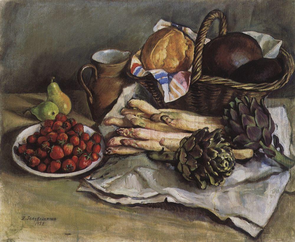 Still life with asparagus and strawberries (1932) – Zinaida Serebriakova Tablo